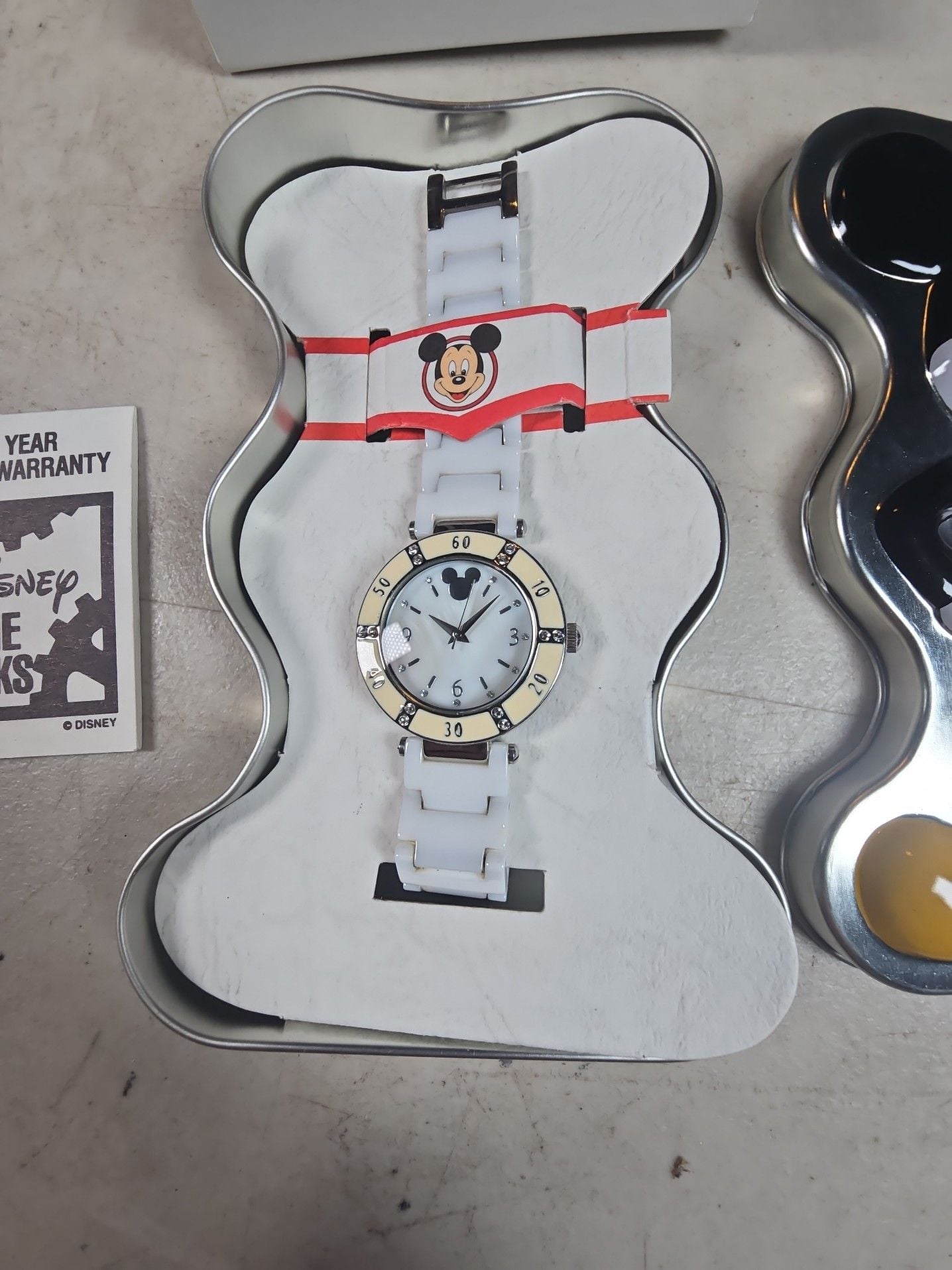 Disney Time Works Mickey Mouse White Ceramic Band Watch in Shaped Tin Box 3