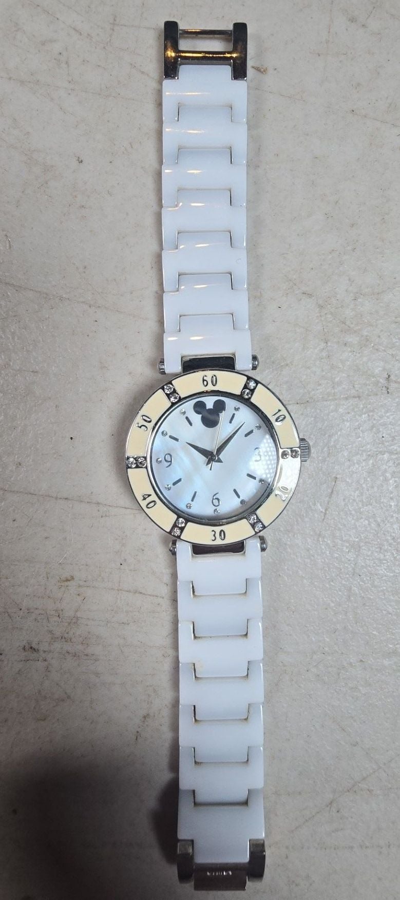 Disney Time Works Mickey Mouse White Ceramic Band Watch in Shaped Tin Box 1