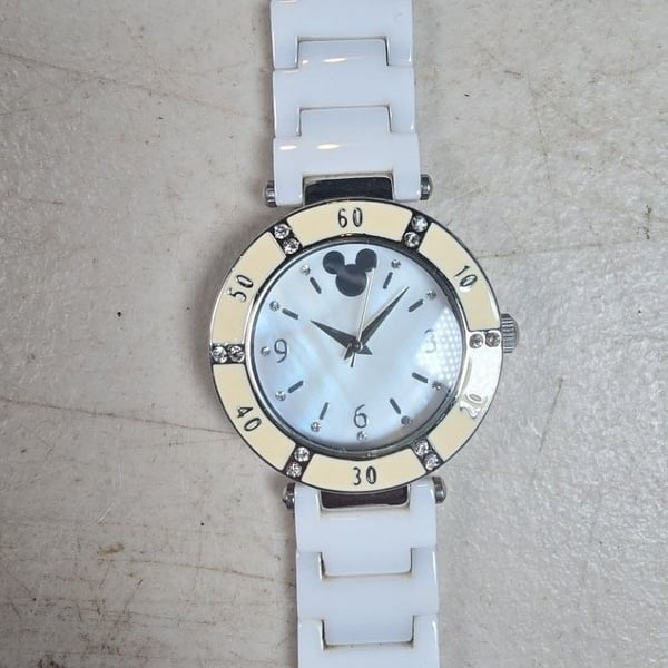 Disney Time Works Mickey Mouse White Ceramic Band Watch in Shaped Tin Box