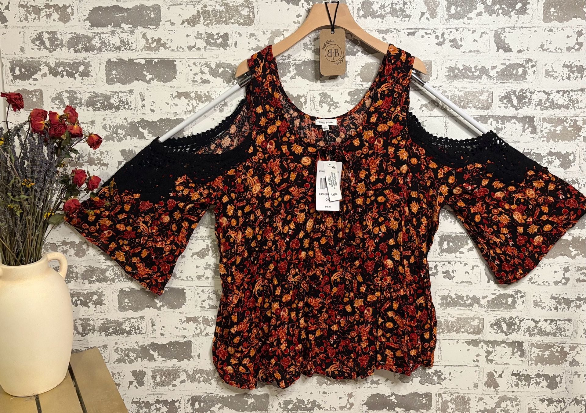 PLUS SIZE Black Orange Floral Cold Shoulder Crochet Lace Bell Sleeve Blouse 2