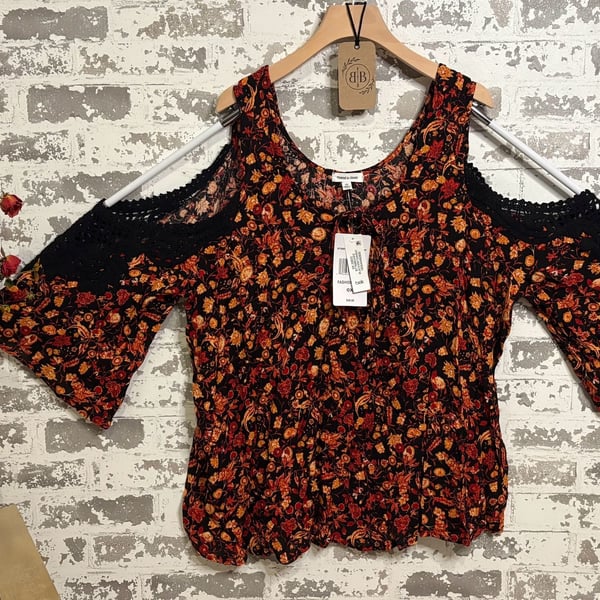 PLUS SIZE Black Orange Floral Cold Shoulder Crochet Lace Bell Sleeve Blouse 