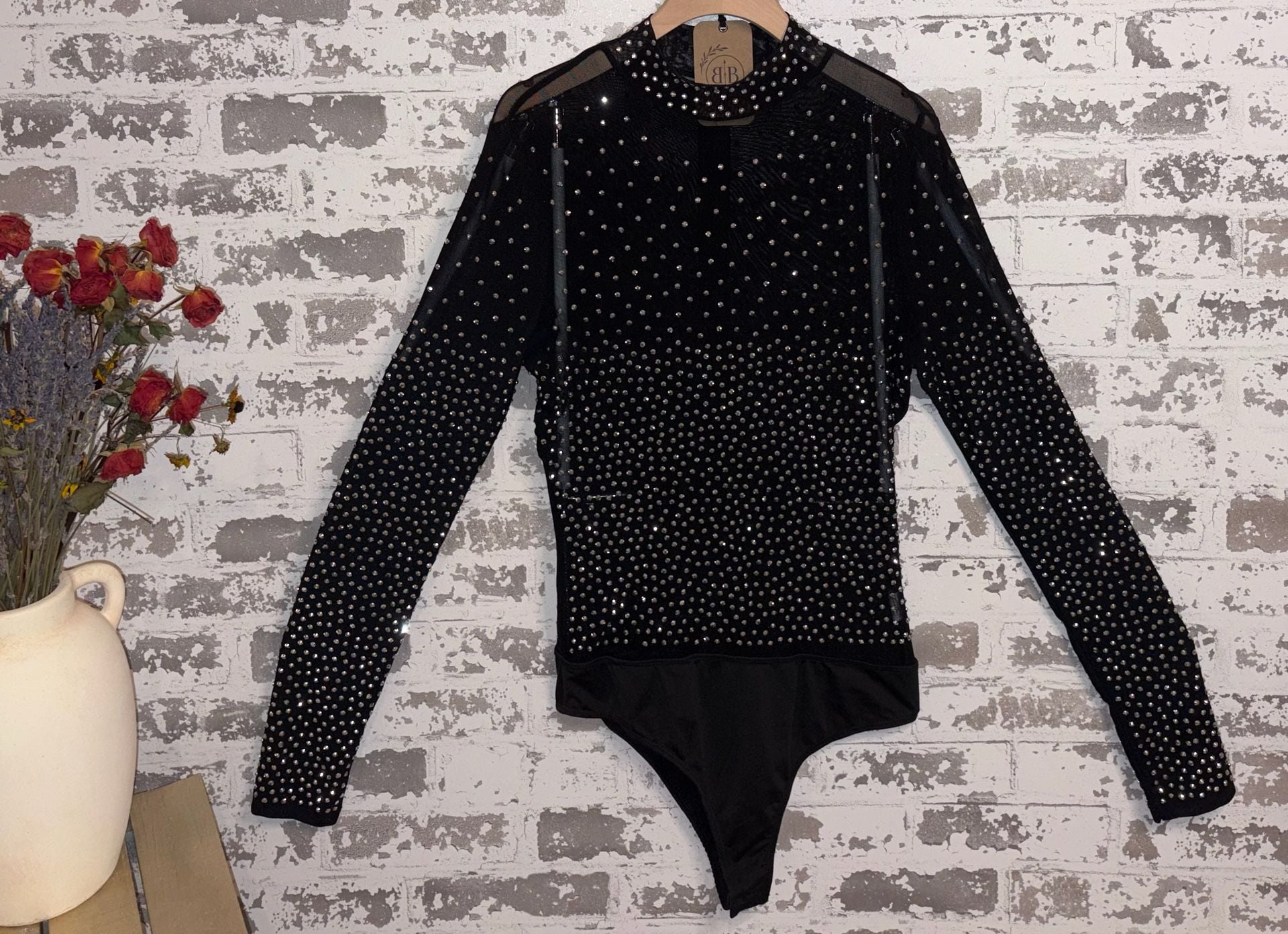 Banjul Black Rhinestone Studded Mesh Long Sleeve Mock Neck Bodysuit LARGE 2