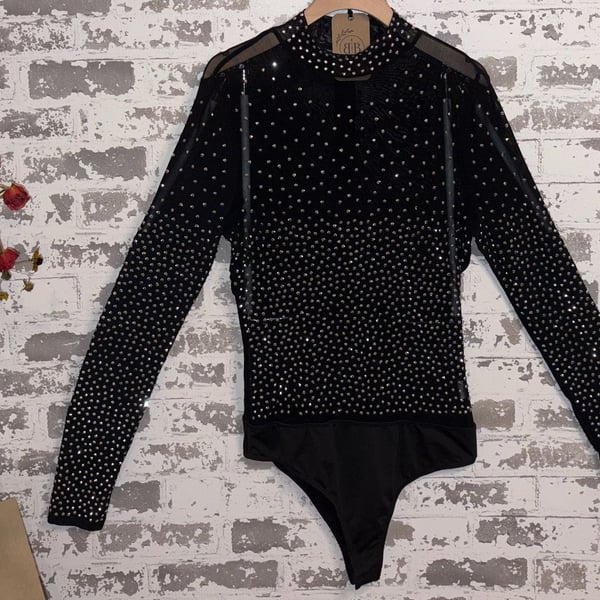 Banjul Black Rhinestone Studded Mesh Long Sleeve Mock Neck Bodysuit LARGE