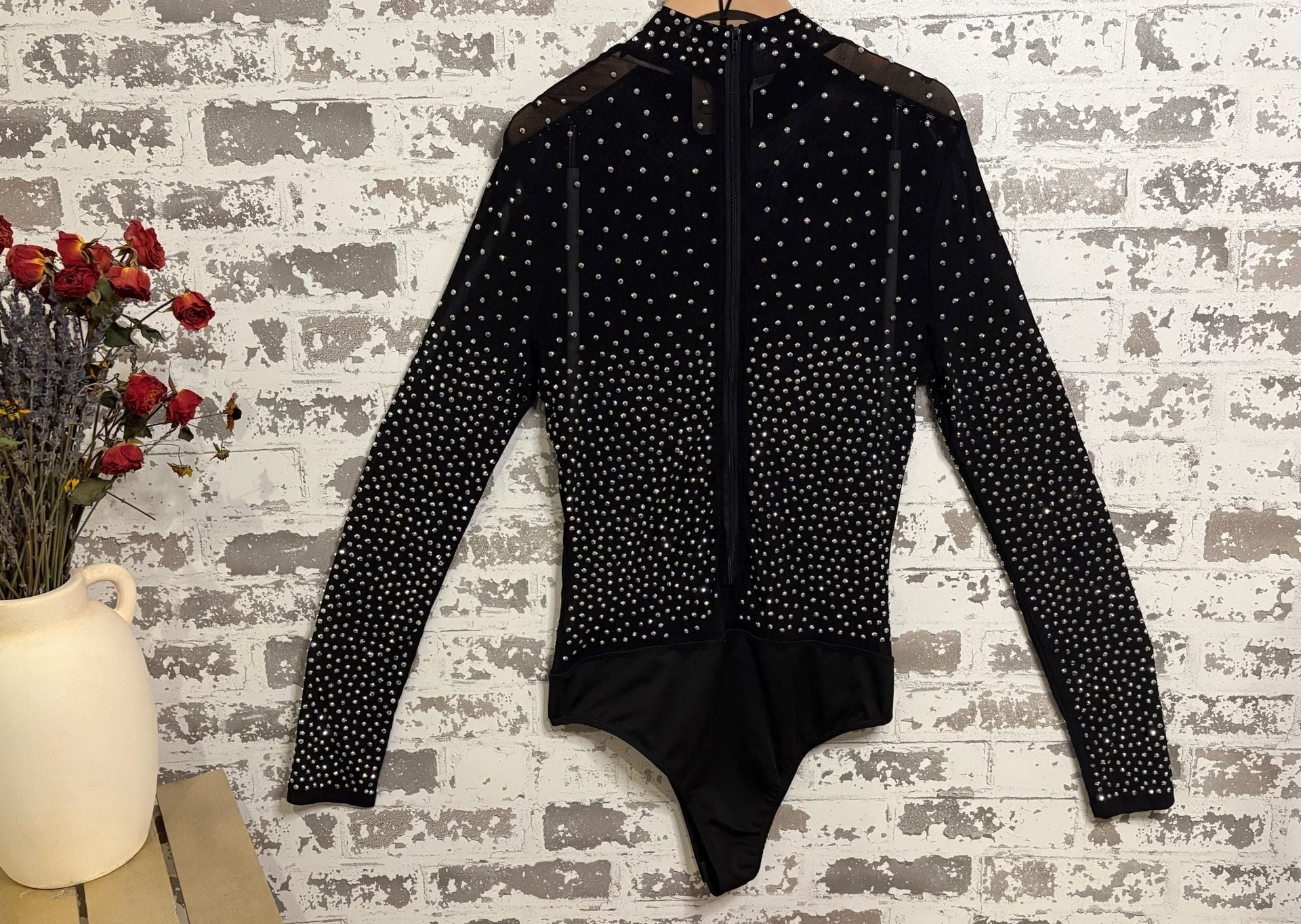 Banjul Black Rhinestone Studded Mesh Long Sleeve Mock Neck Bodysuit LARGE 3