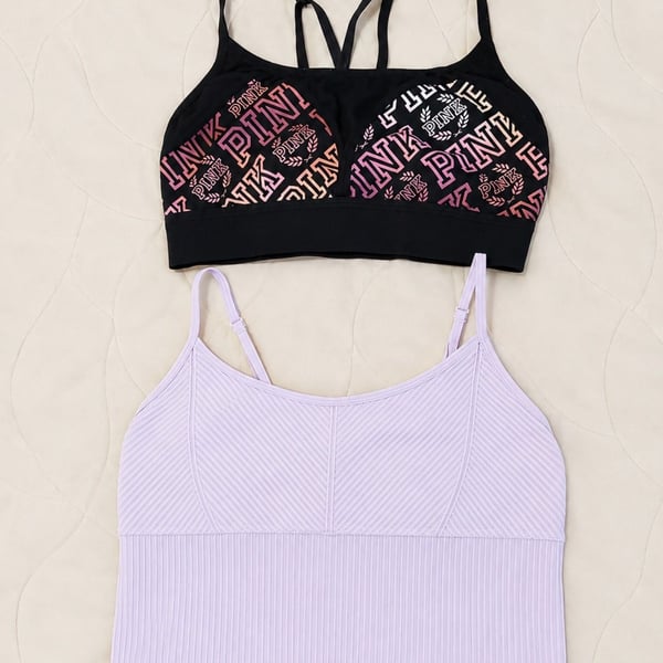 Victoria’s Secret PINK Sports Bra Bundle Medium Lavender Black Logo 2 Pc