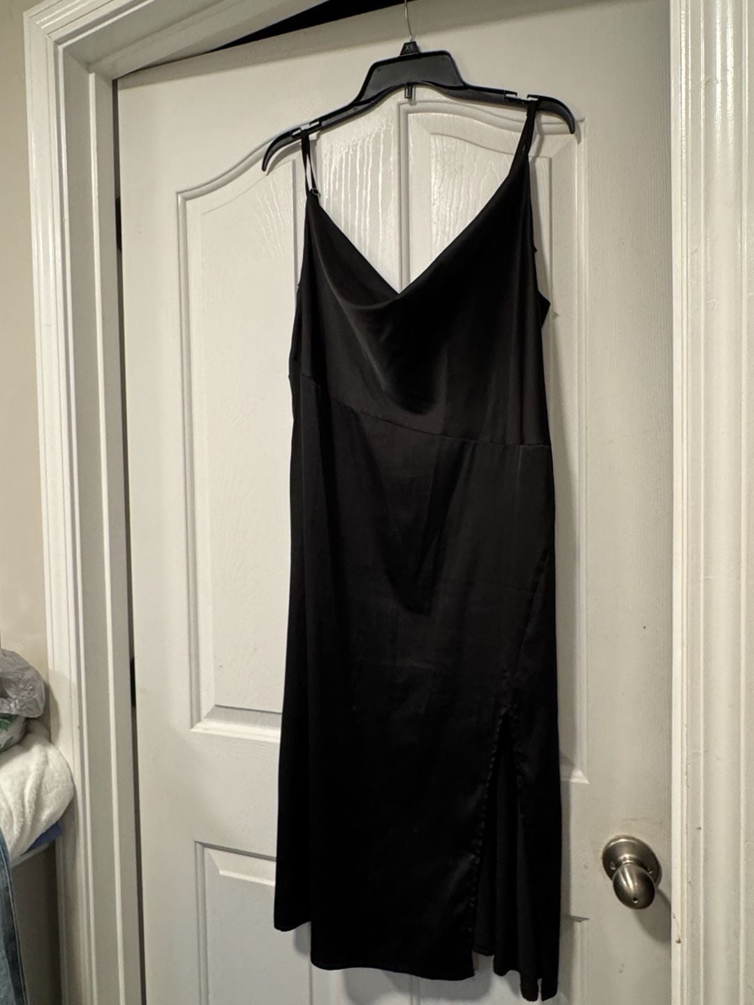 Women's Black Satin Cowl Neck Midi Slip Dress with Side Split 2