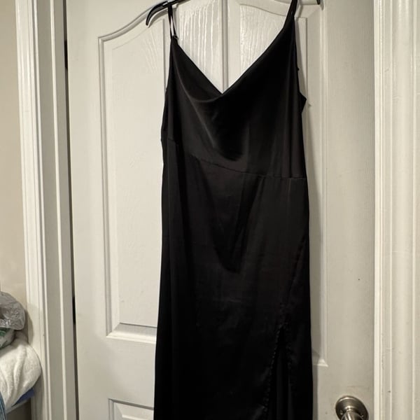 Women's Black Satin Cowl Neck Midi Slip Dress with Side Split