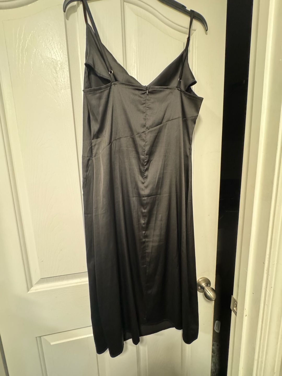 Women's Black Satin Cowl Neck Midi Slip Dress with Side Split 3