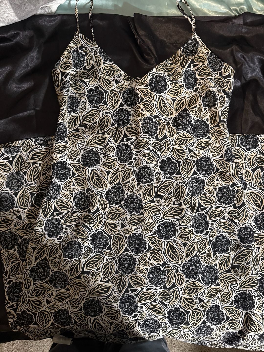 Jonathan Martin Vintage Black and Beige Floral Print Spaghetti Strap Maxi Dress 2