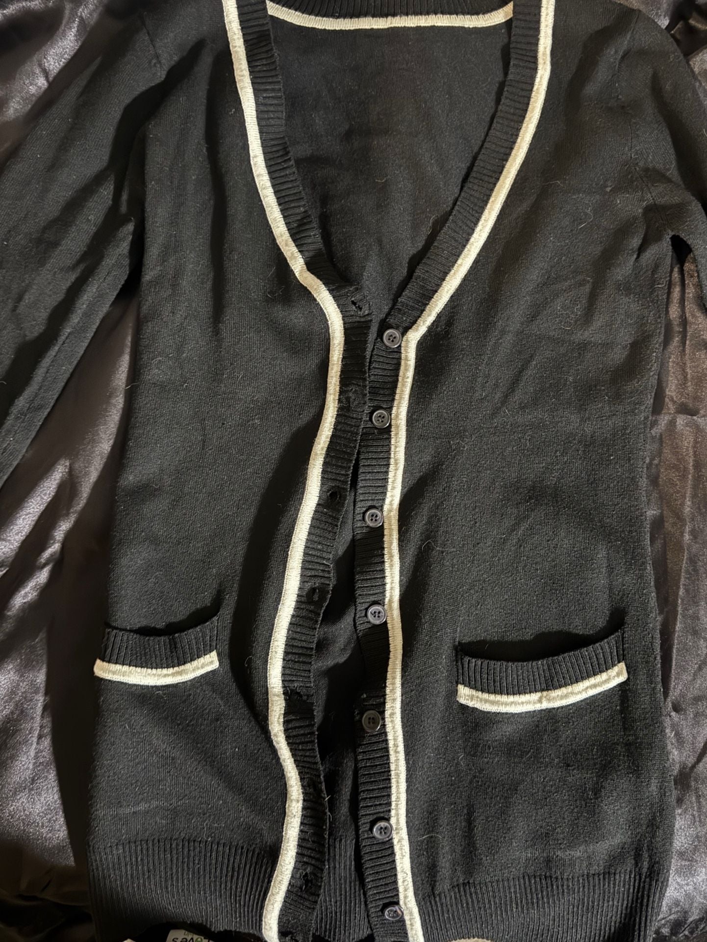 Black and White Trim V-Neck Button Cardigan Sweater with Pockets Size Small Style 25385-TJX 1