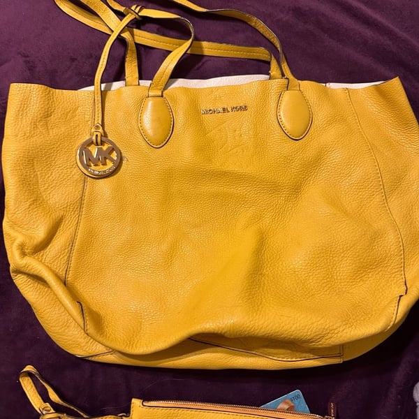 Michael Kors Yellow Leather Large Tote Handbag with Matching Wristlet