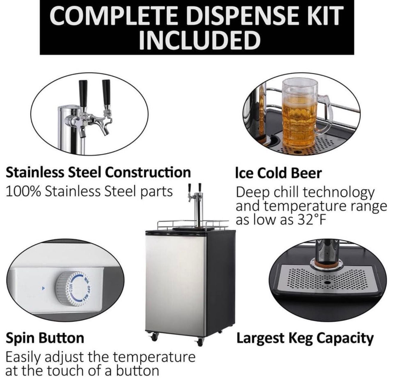 Garvee Beer Kegerator, Dual Tap Draft Beer Dispenser, Full Size Stainless Steel Keg Refrigerator 5