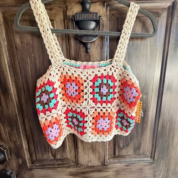Coco & Shay Retro Multicolor Granny Square Crochet Crop Tank Top Size M NWT