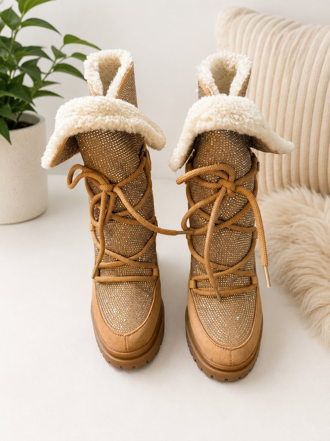 Michael Kors Culver Embellished Sherpa Lace-Up Boots in Tan Gold 2