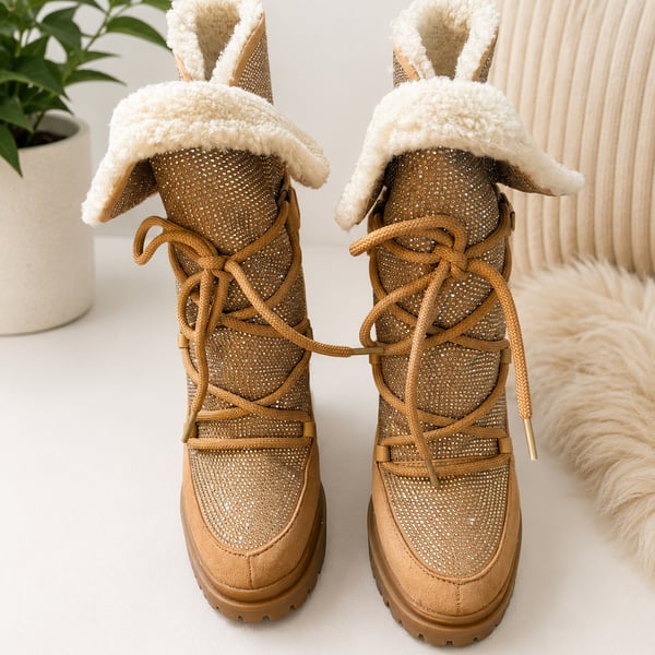 Michael Kors Culver Embellished Sherpa Lace-Up Boots in Tan Gold