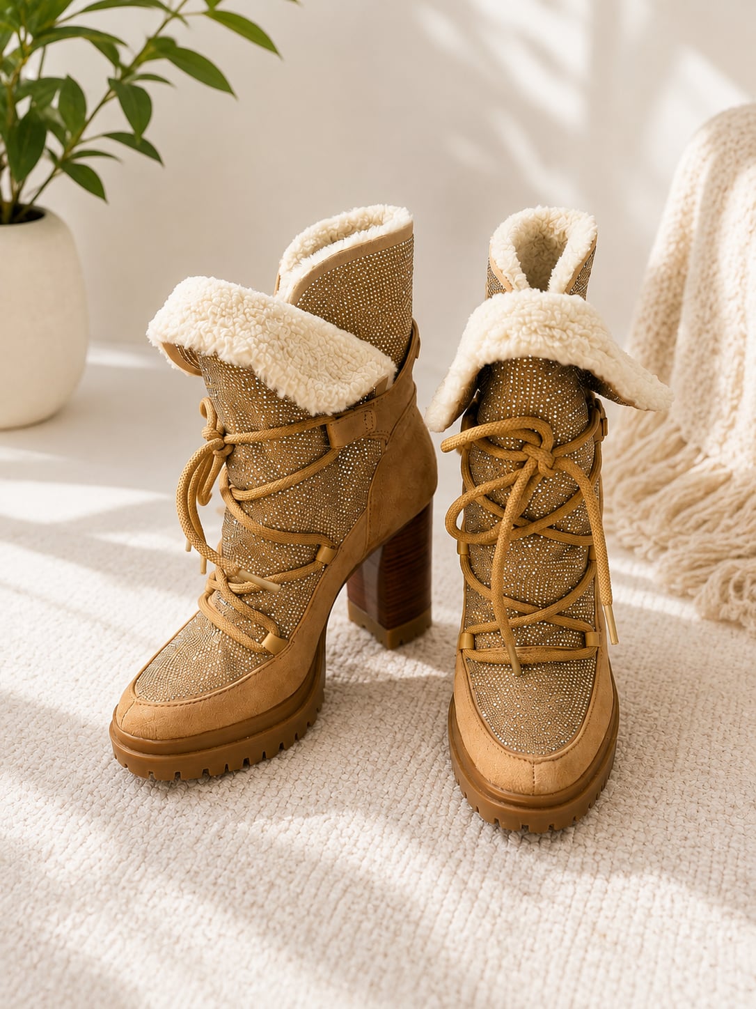 Michael Kors Culver Embellished Sherpa Lace-Up Boots in Tan Gold 3