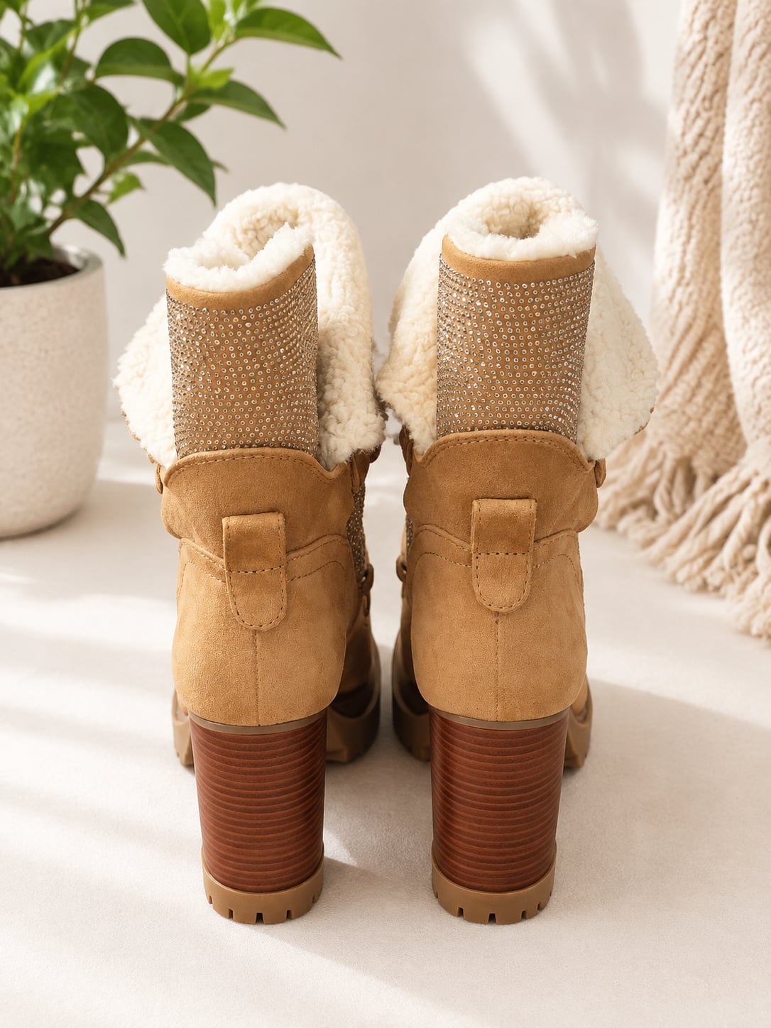 Michael Kors Culver Embellished Sherpa Lace-Up Boots in Tan Gold 5