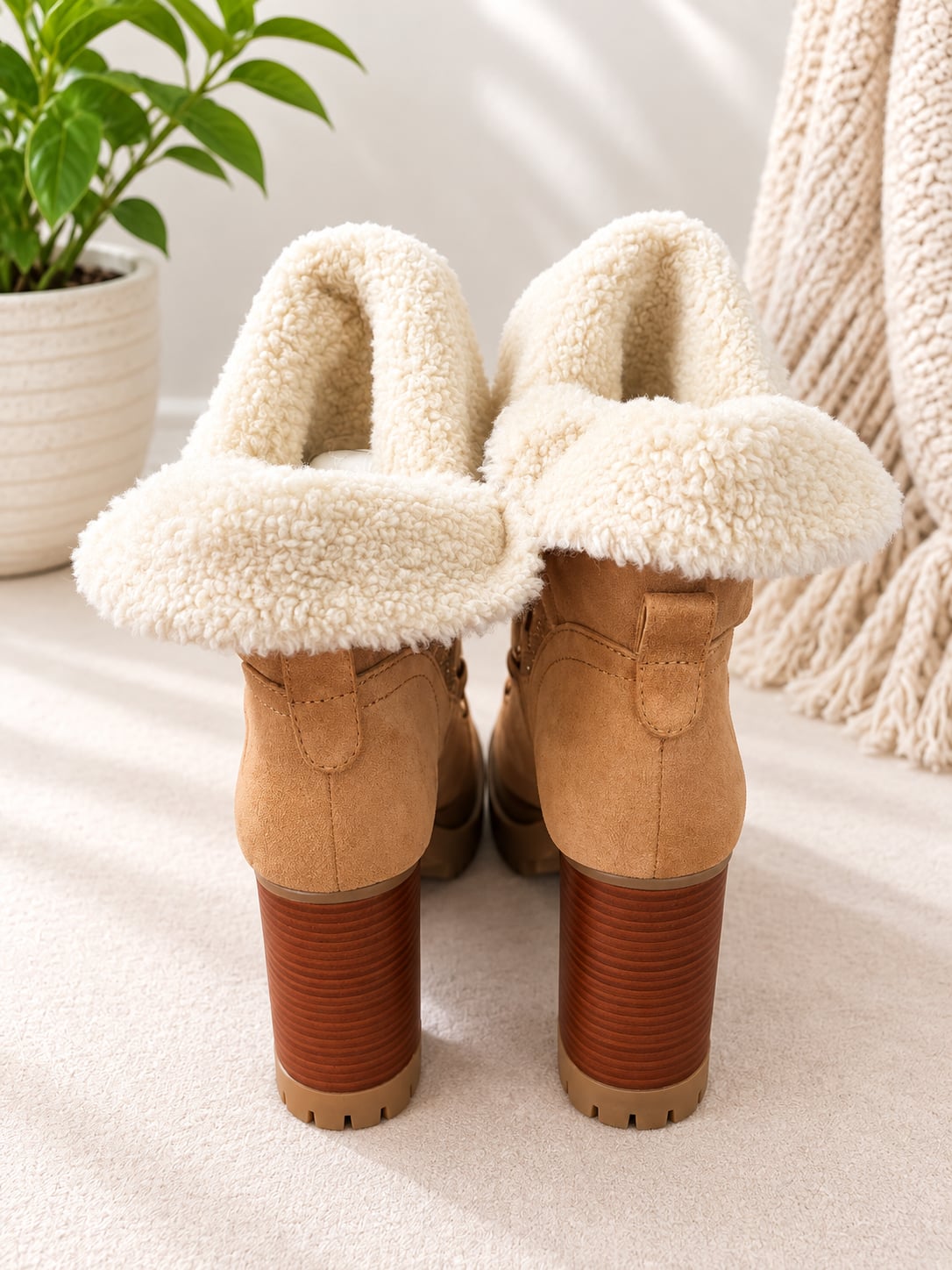 Michael Kors Culver Embellished Sherpa Lace-Up Boots in Tan Gold 6