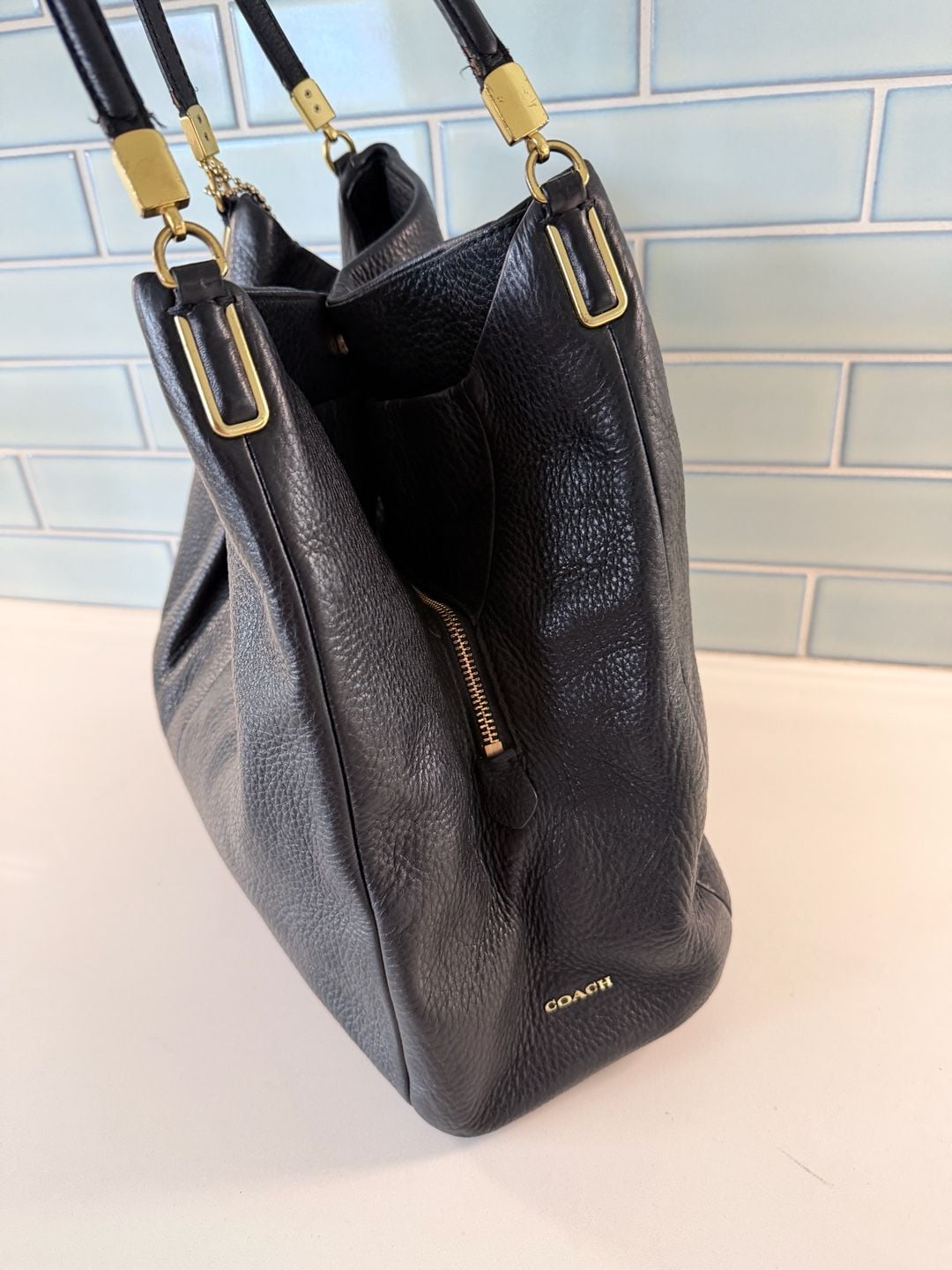 Coach Madison Phoebe Black Peppled Leather Shoulder Bag Hobo 5