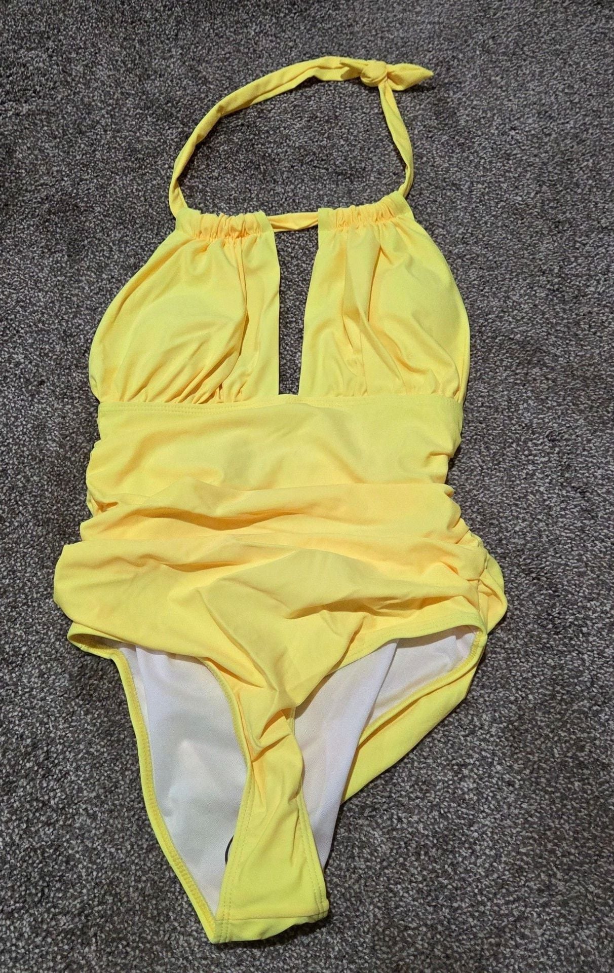 Yellow Halter 1 Piece Ruched Swimsuit & Orange Mesh Cover Up Dress Set Sm NWOT 1
