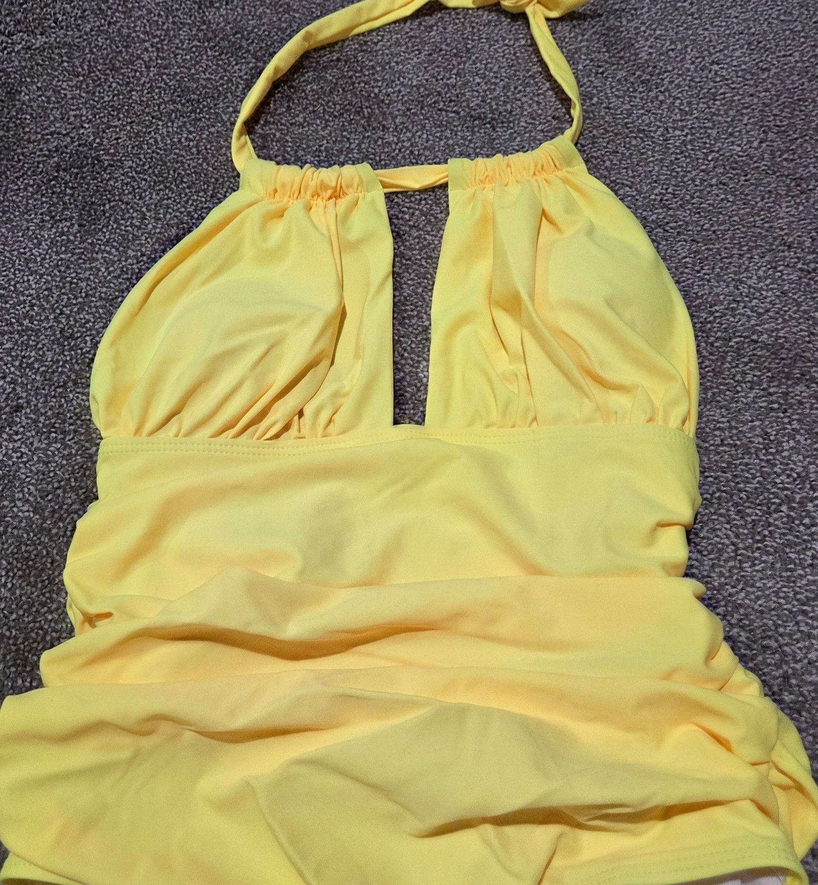 Yellow Halter 1 Piece Ruched Swimsuit & Orange Mesh Cover Up Dress Set Sm NWOT 2