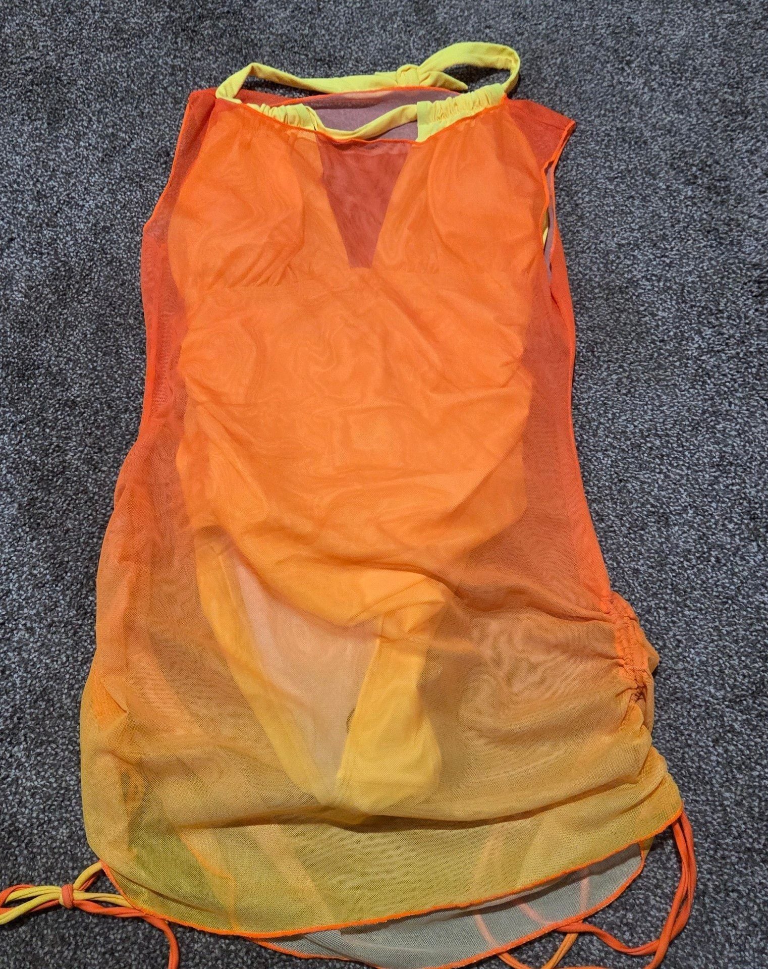 Yellow Halter 1 Piece Ruched Swimsuit & Orange Mesh Cover Up Dress Set Sm NWOT 8