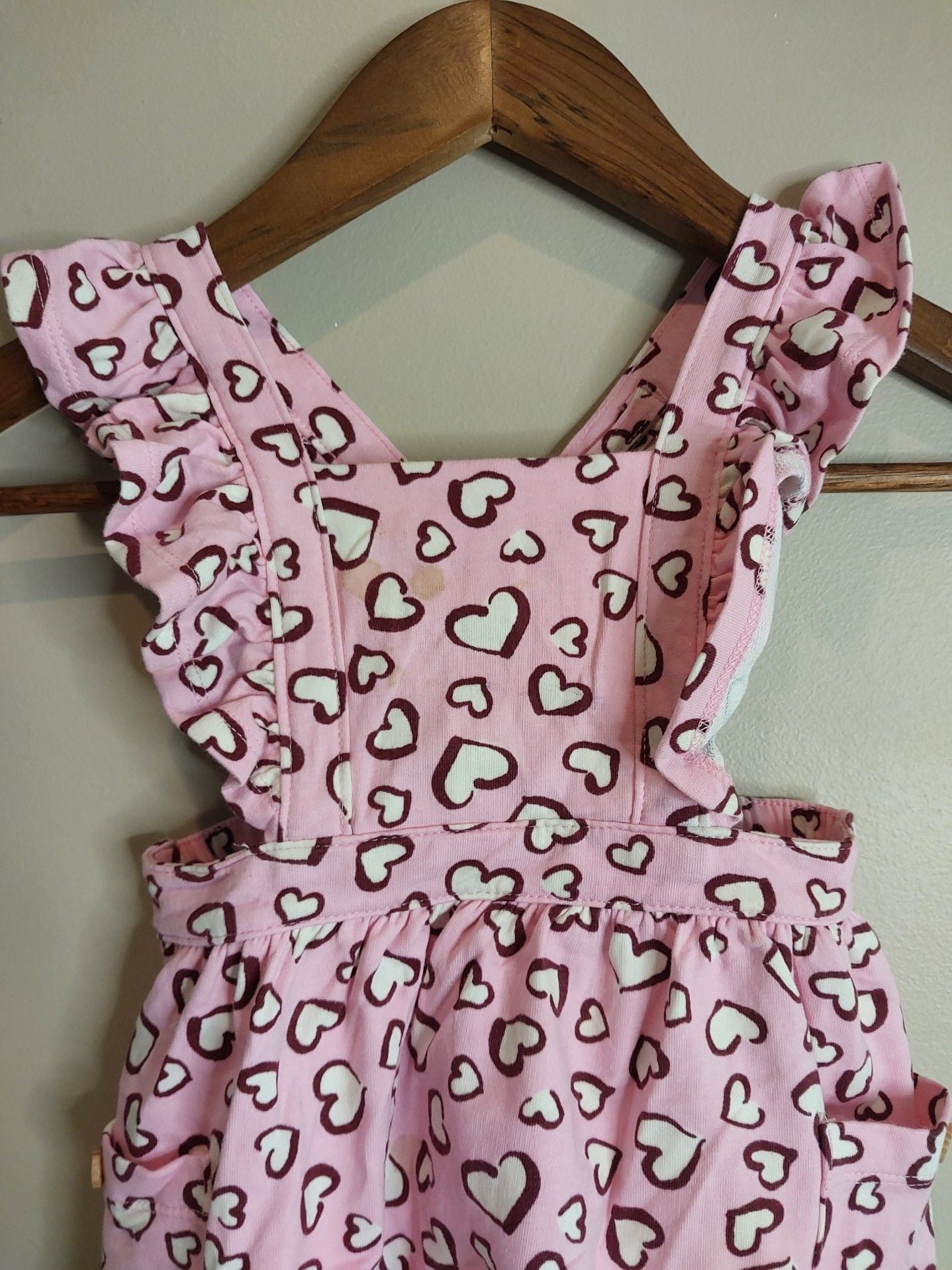 Pink Heart Print Ruffled Overalls Dress Romper with Pockets 3