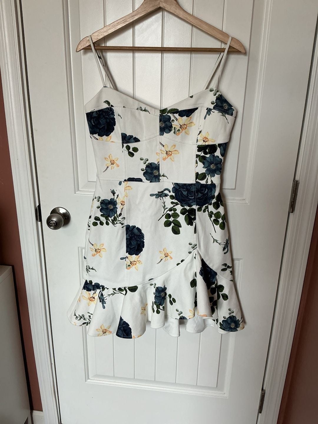 Nicholas Denim Blue Rose Floral Print Frill Mini Dress W8 White/Blue 2