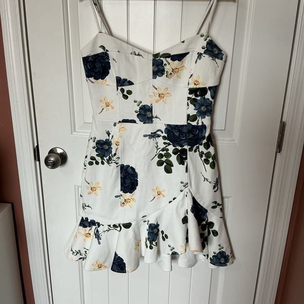 Nicholas Denim Blue Rose Floral Print Frill Mini Dress W8 White/Blue