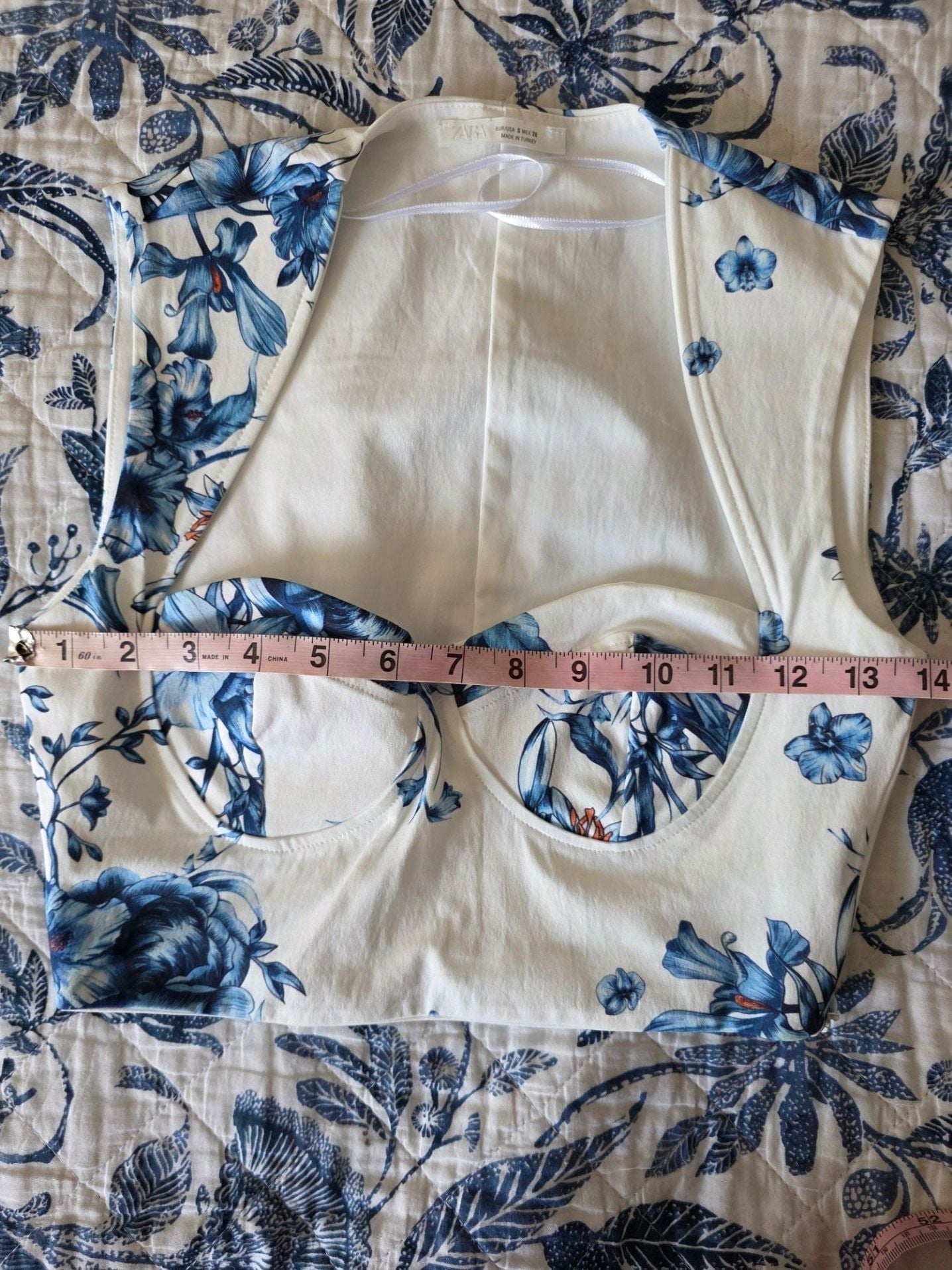 Zara Blue White Floral Printed Crop Top Sweetheart Bustier Corset Size S 7