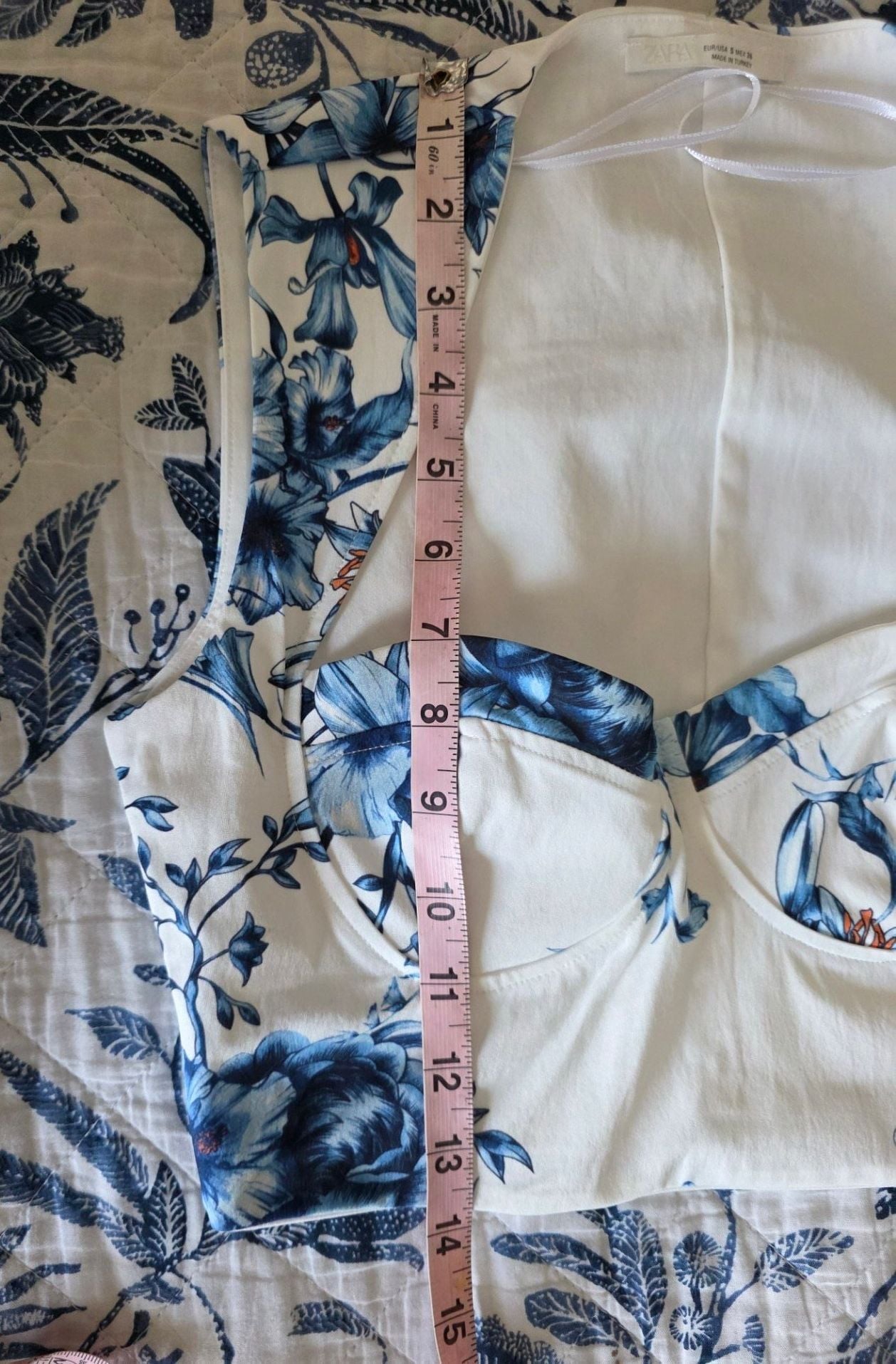 Zara Blue White Floral Printed Crop Top Sweetheart Bustier Corset Size S 8