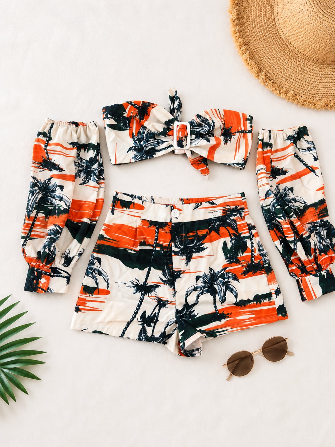 SHEIN Tropical Palm Tree Print Tube Top and High-Waist Shorts Summer Outfit Set 2