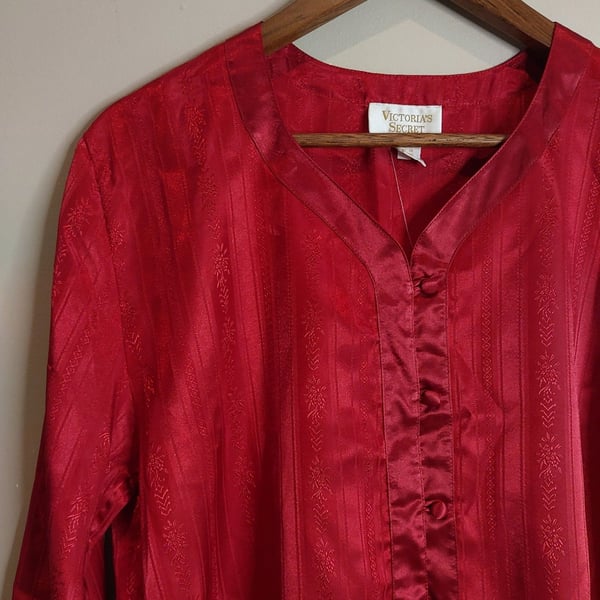 Vintage Victoria's Secret Gold Label Button Front Satin Red Brocade Sleep Shirt & Bottom