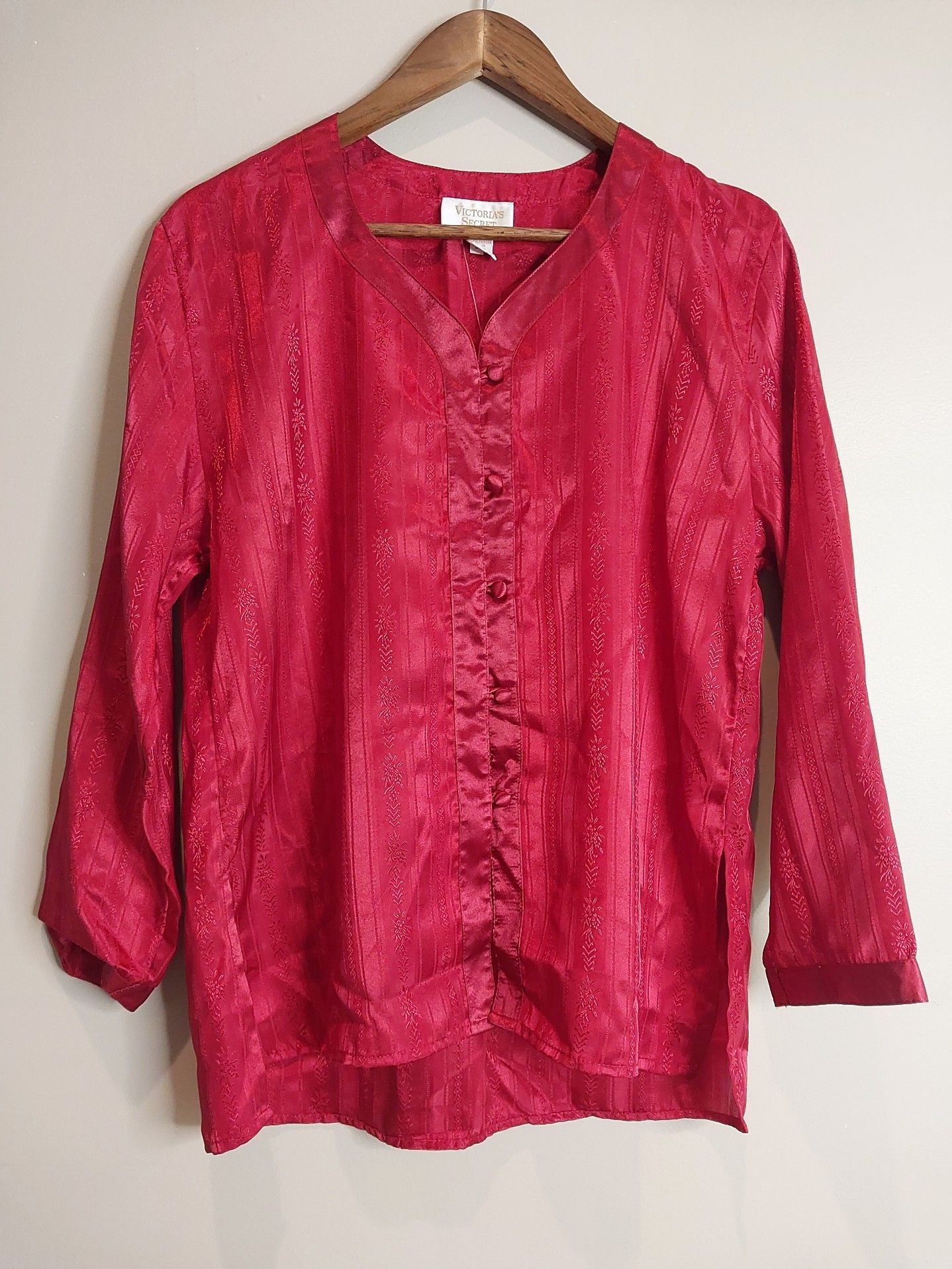 Vintage Victoria's Secret Gold Label Button Front Satin Red Brocade Sleep Shirt & Bottom 2