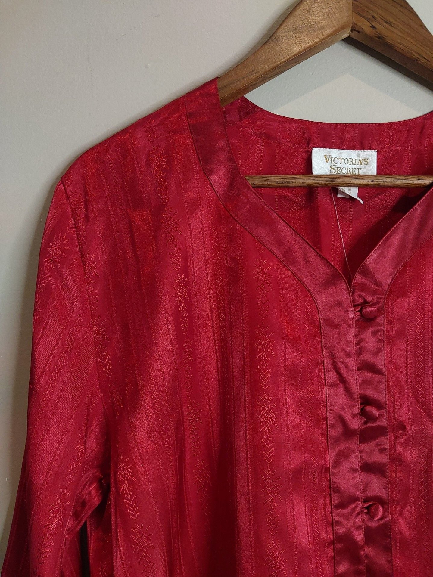 Vintage Victoria's Secret Gold Label Button Front Satin Red Brocade Sleep Shirt & Bottom 3