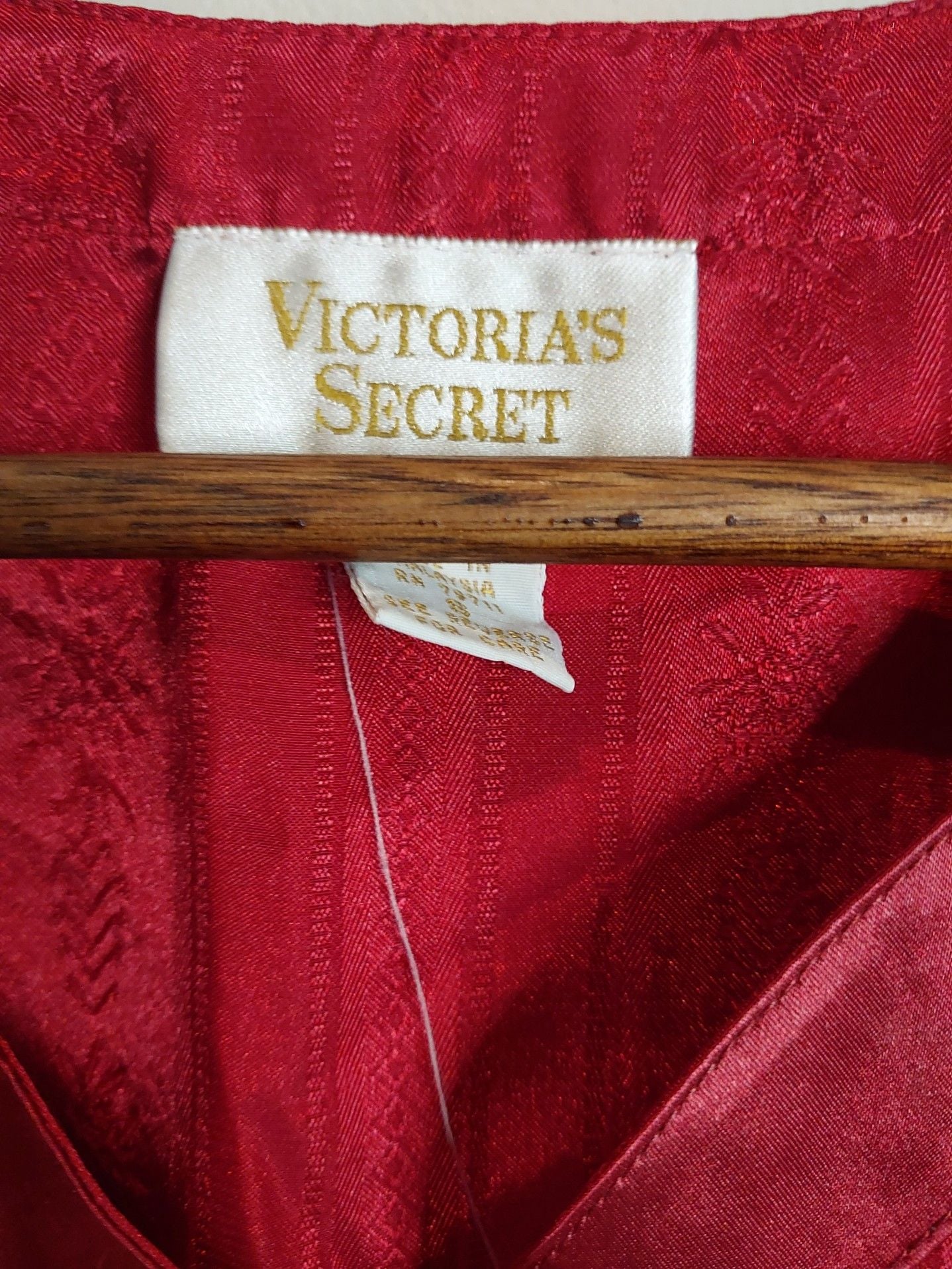 Vintage Victoria's Secret Gold Label Button Front Satin Red Brocade Sleep Shirt & Bottom 4