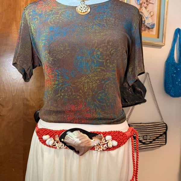 Vintage 1980s Bright Orange Woven Seashell Fish Statement Belt 🐚🐠