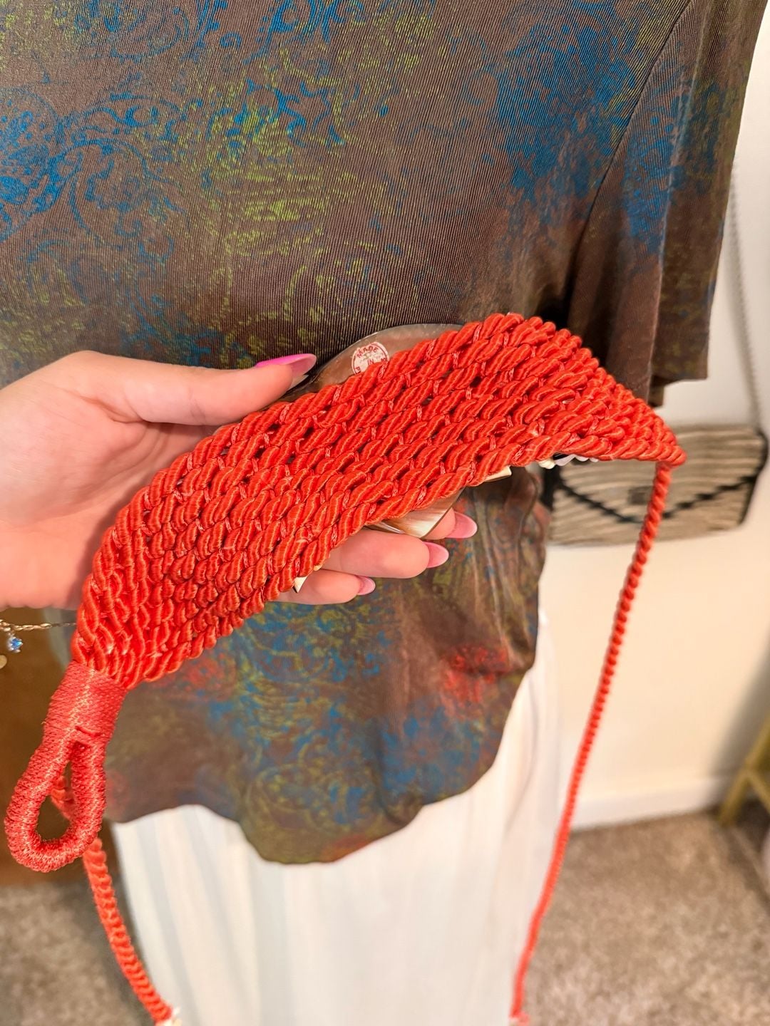 Vintage 1980s Bright Orange Woven Seashell Fish Statement Belt 🐚🐠 7