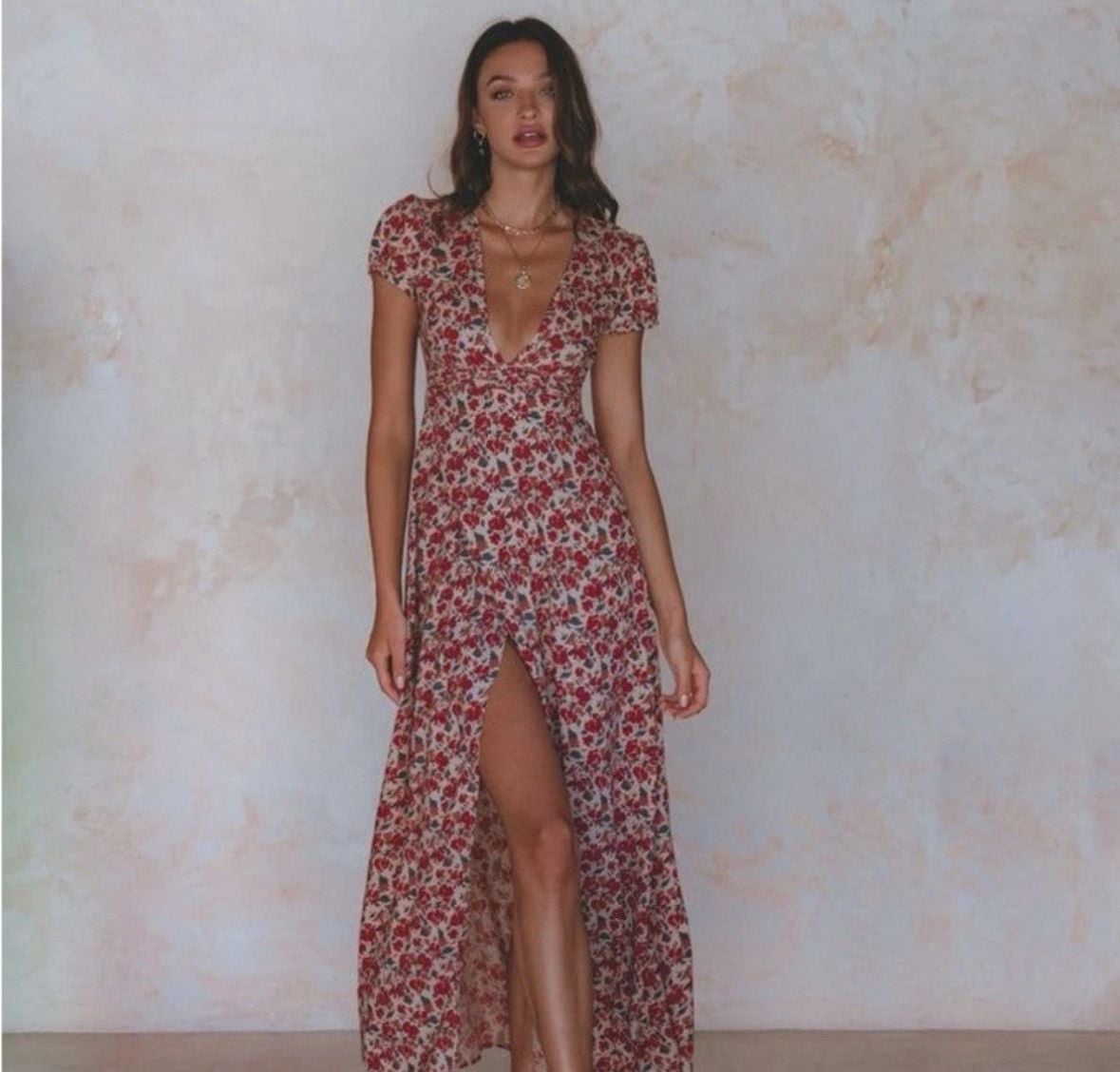 Pampelone Red Floral Print V-Neck Flutter Sleeve Maxi Dress 2
