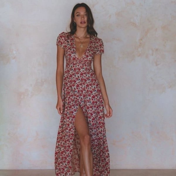Pampelone Red Floral Print V-Neck Flutter Sleeve Maxi Dress