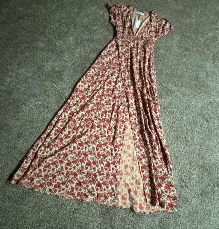 Pampelone Red Floral Print V-Neck Flutter Sleeve Maxi Dress 6