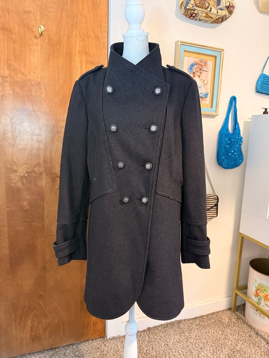 Vintage Guess Black Wool Blend Military Double Breasted Coat Large 2