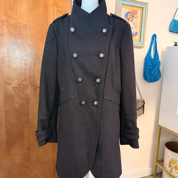 Vintage Guess Black Wool Blend Military Double Breasted Coat Large