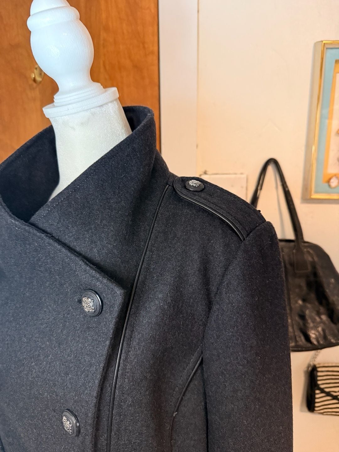 Vintage Guess Black Wool Blend Military Double Breasted Coat Large 6