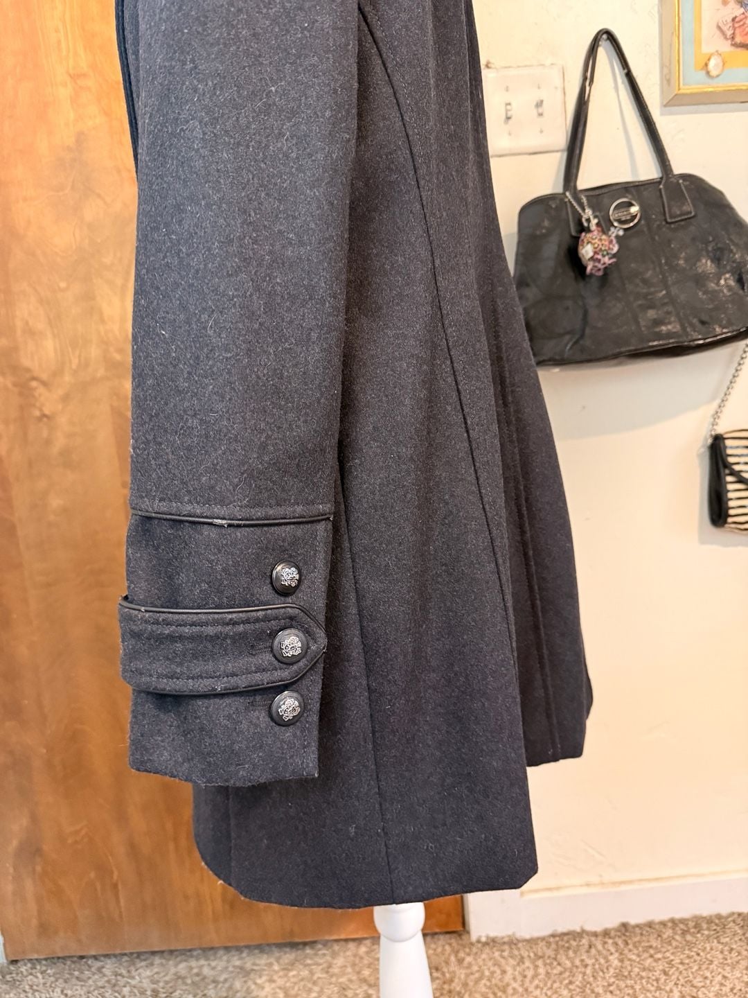 Vintage Guess Black Wool Blend Military Double Breasted Coat Large 9
