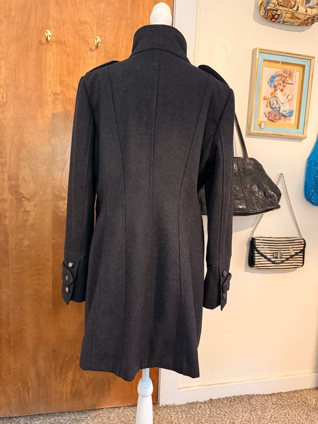 Vintage Guess Black Wool Blend Military Double Breasted Coat Large 5