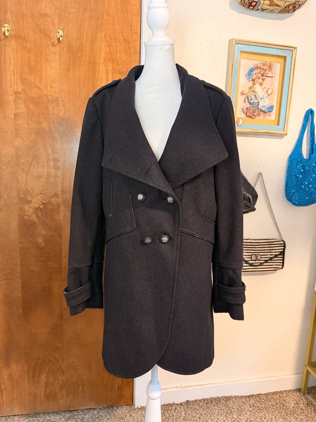 Vintage Guess Black Wool Blend Military Double Breasted Coat Large 4