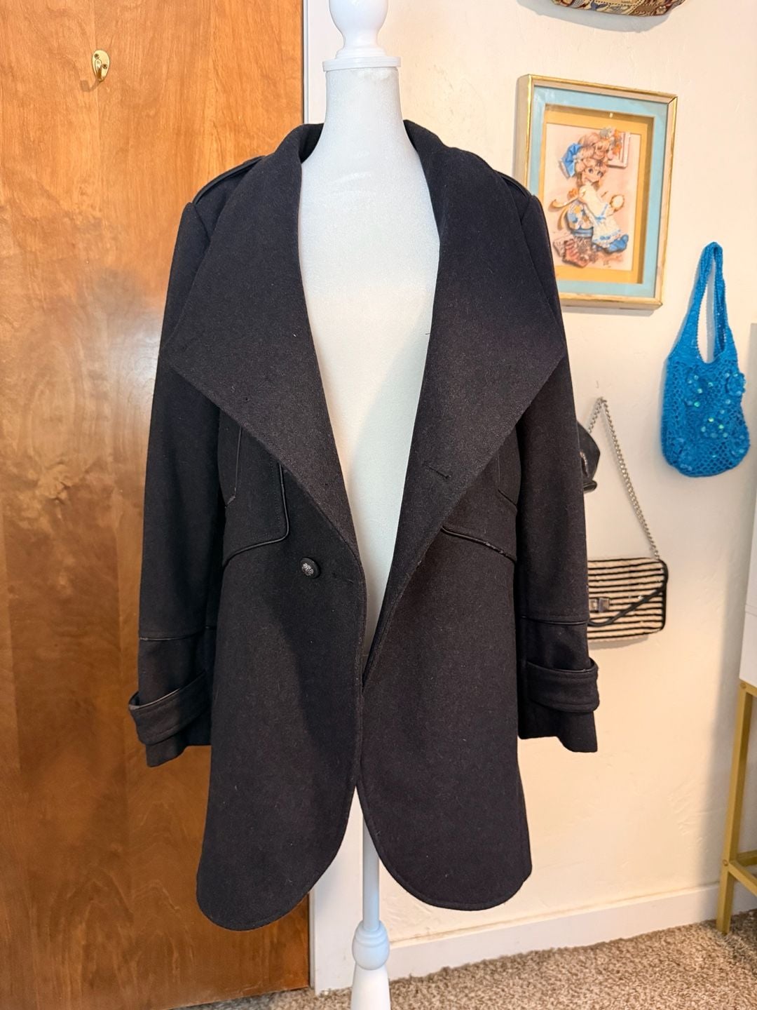 Vintage Guess Black Wool Blend Military Double Breasted Coat Large 3