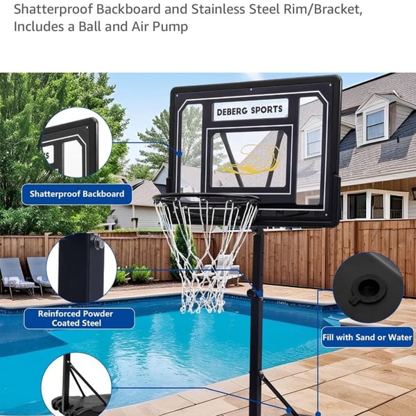 DEBERG Swimming Pool Basketball Hoop Set Height-Adjustable Portable Pool Basketball Hoop Poolside with Shatterproof Backboard and Stainless Steel Rim/Bracket
