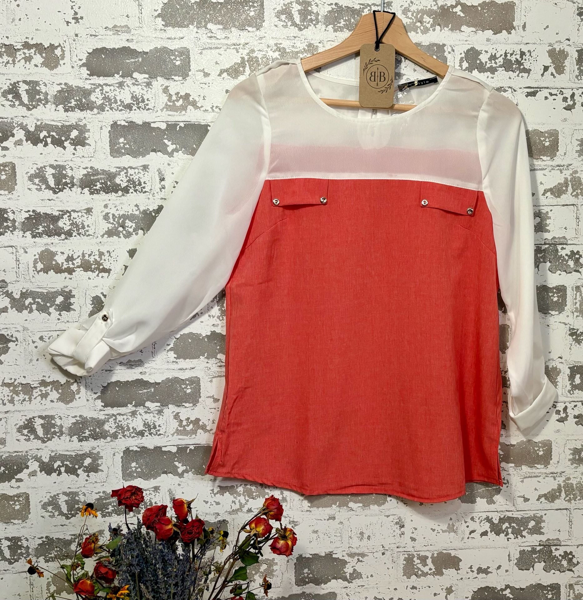 In Style Women's Color Block Long Sleeve Blouse, Coral and Ivory MEDIUM 2